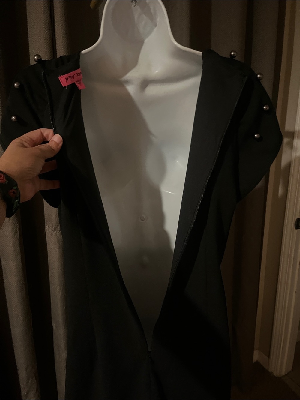 Betsey Johnson Black Shift Dress with Faux Pearl/Stud Embellished Puff Sleeves - Picture 6 of 9